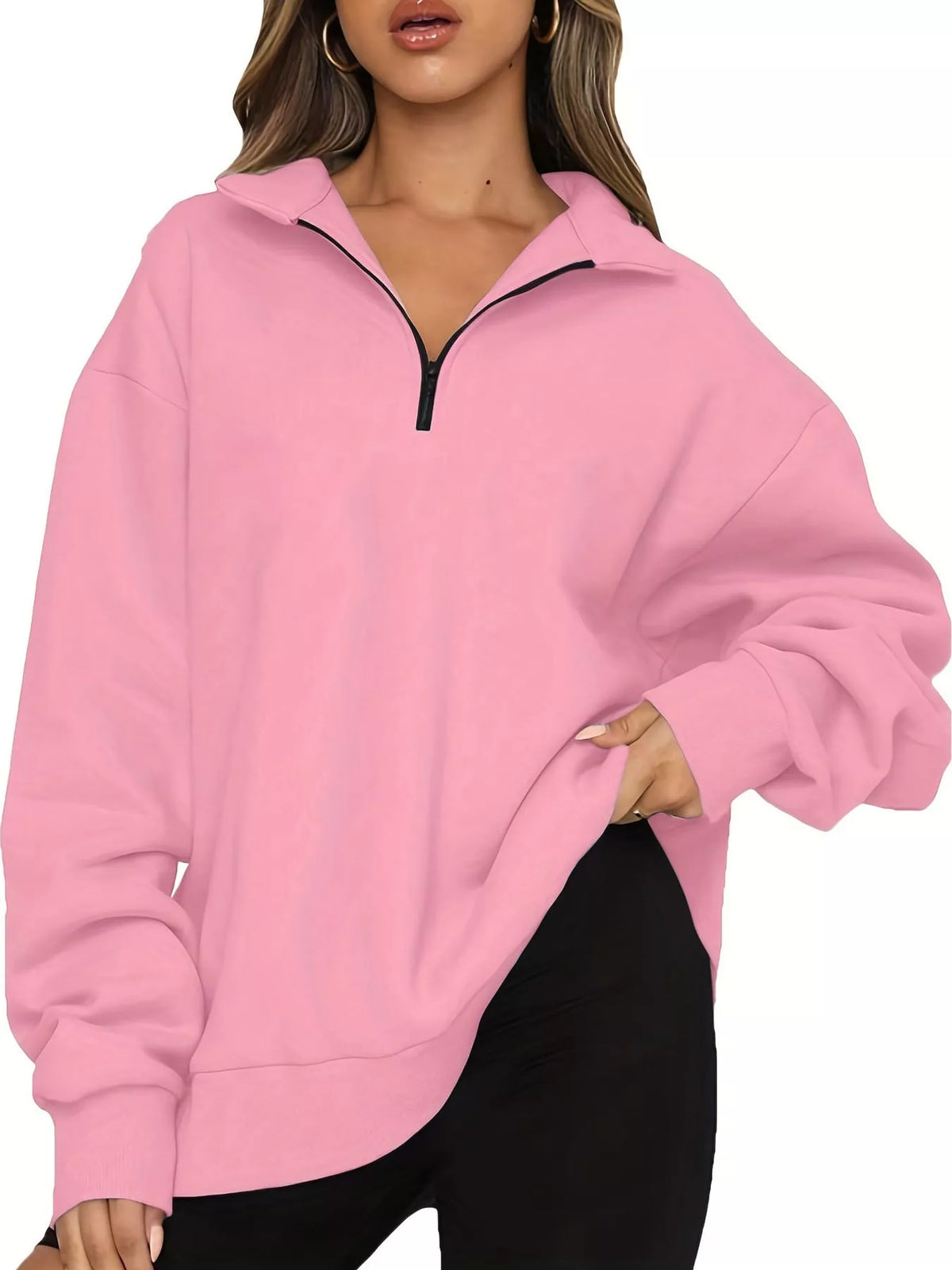 Oversized zip-neck sweatshirt, pink with half-zip front and ribbed cuffs