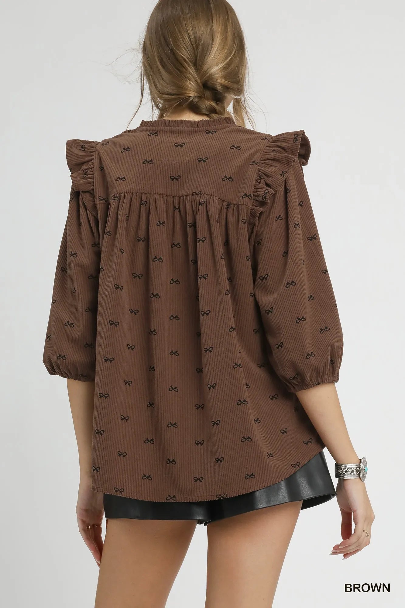 Bow Print Corduroy Puff Sleeve Blouse – Ruffled Feminine Top