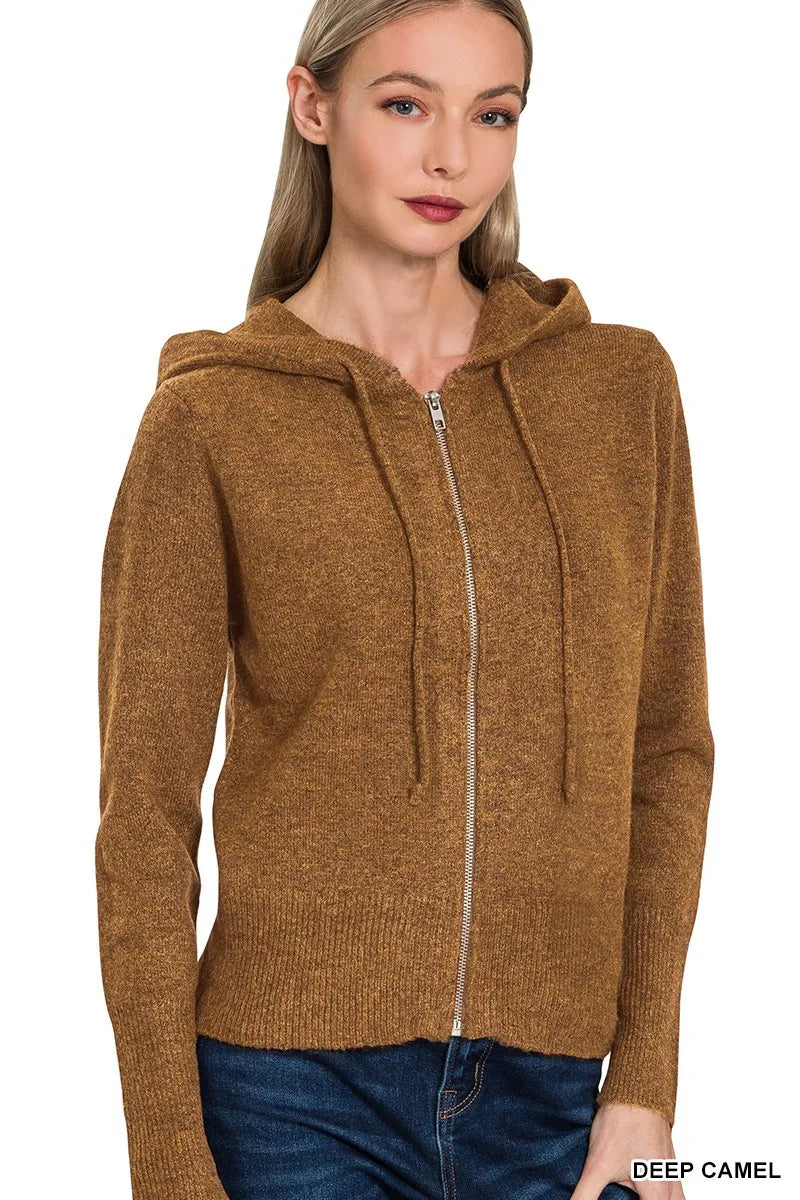 Camel Hooded Zip-Up Cardigan – Soft Knit Layer with Classic Style