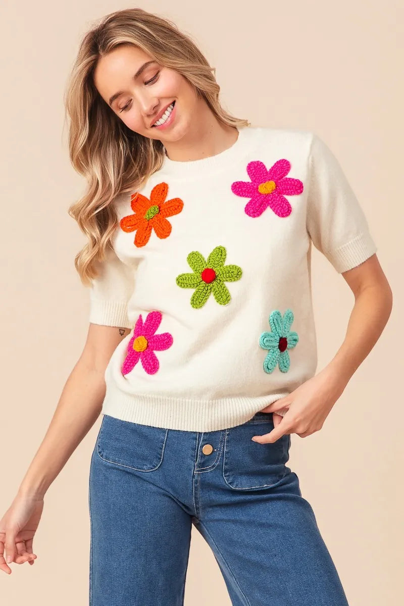 Embroidered Daisy Pullover Sweater – Cheerful, Soft & Feminine