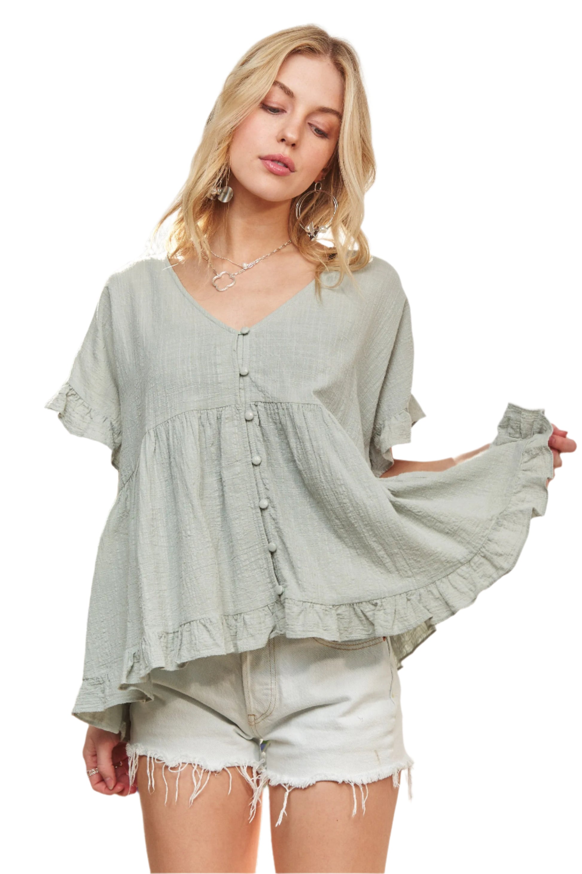 ADORA Button Down Ruffled Babydoll Blouse