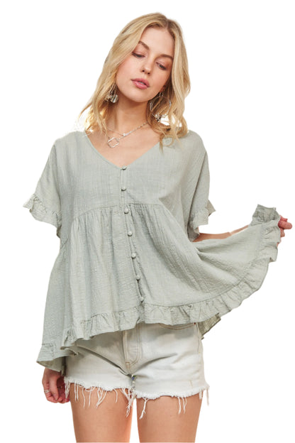 ADORA Button Down Ruffled Babydoll Blouse