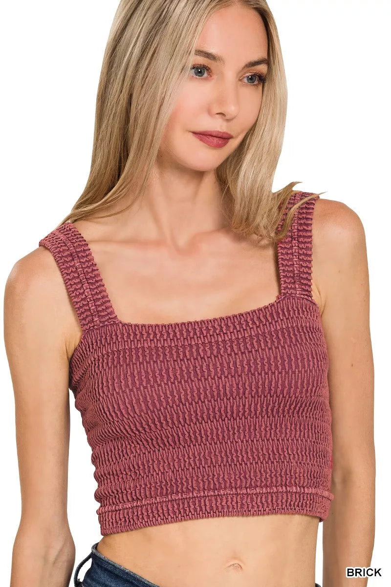 Women's brick ribbed crop camisole with wide square neckline and sleeveless fit
