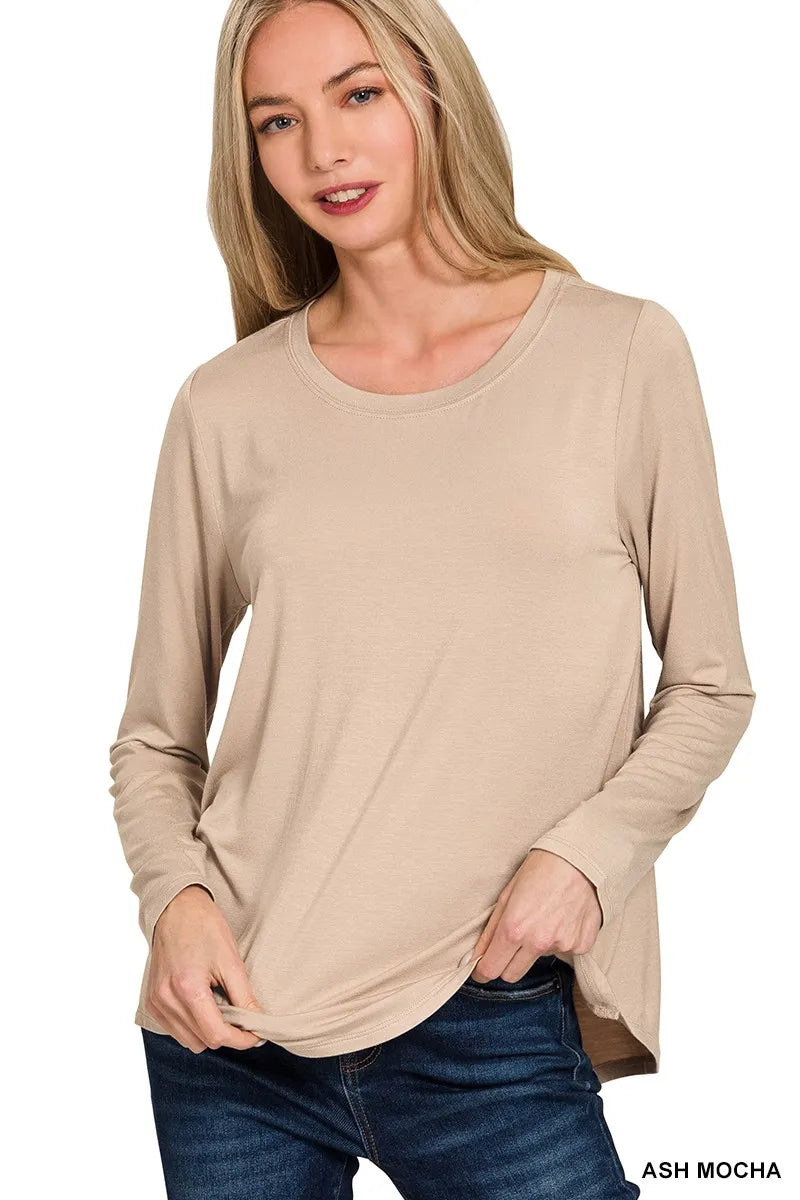 Flowy Rayon Long Sleeve Top with Round Hem | Women’s Casual Chic Shirt