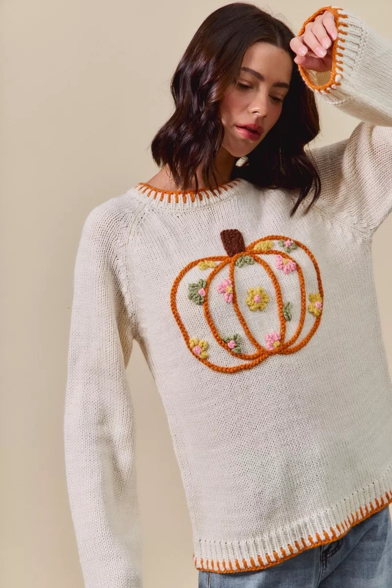 Pumpkin Floral Embroidered Thanksgiving Sweater – Festive Fall Knit