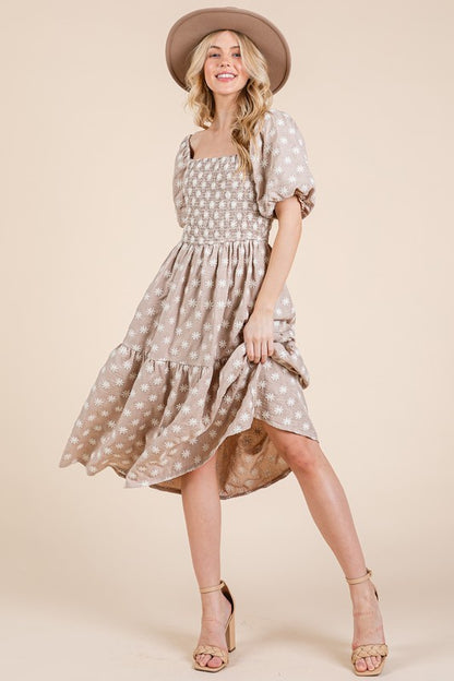 GeeGee Floral Embroidered Smocked Puff Sleeve Tiered Midi Dress