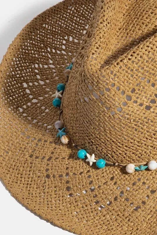 Western Straw Hat with Turquoise & Shell Star Beads – Boho Style