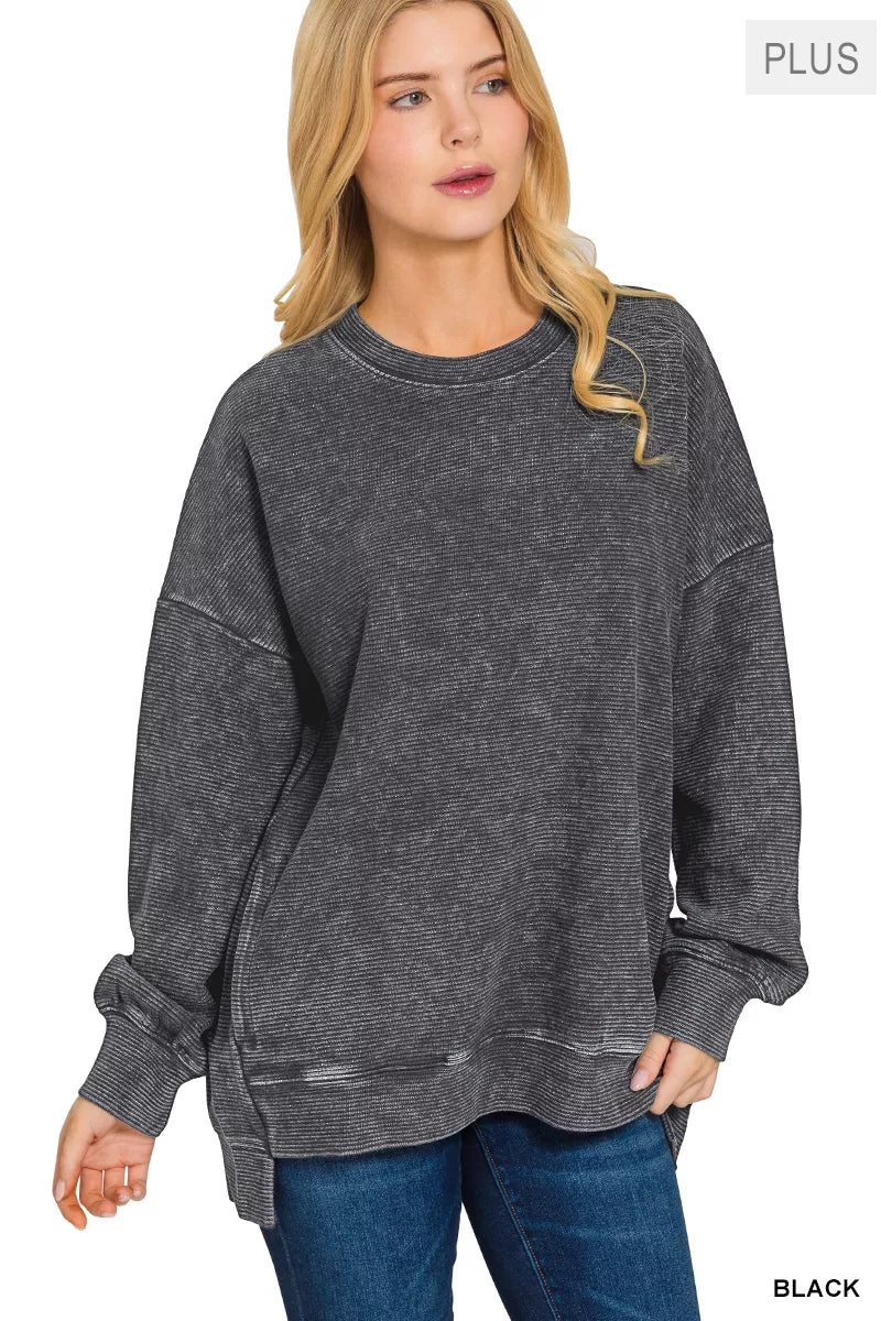 Acid Washed Hi-Low Pullover with Double Ribbed Women’s Casual Top