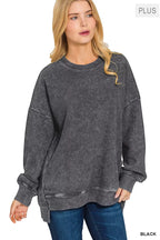 Acid Washed Hi-Low Pullover with Double Ribbed Women’s Casual Top