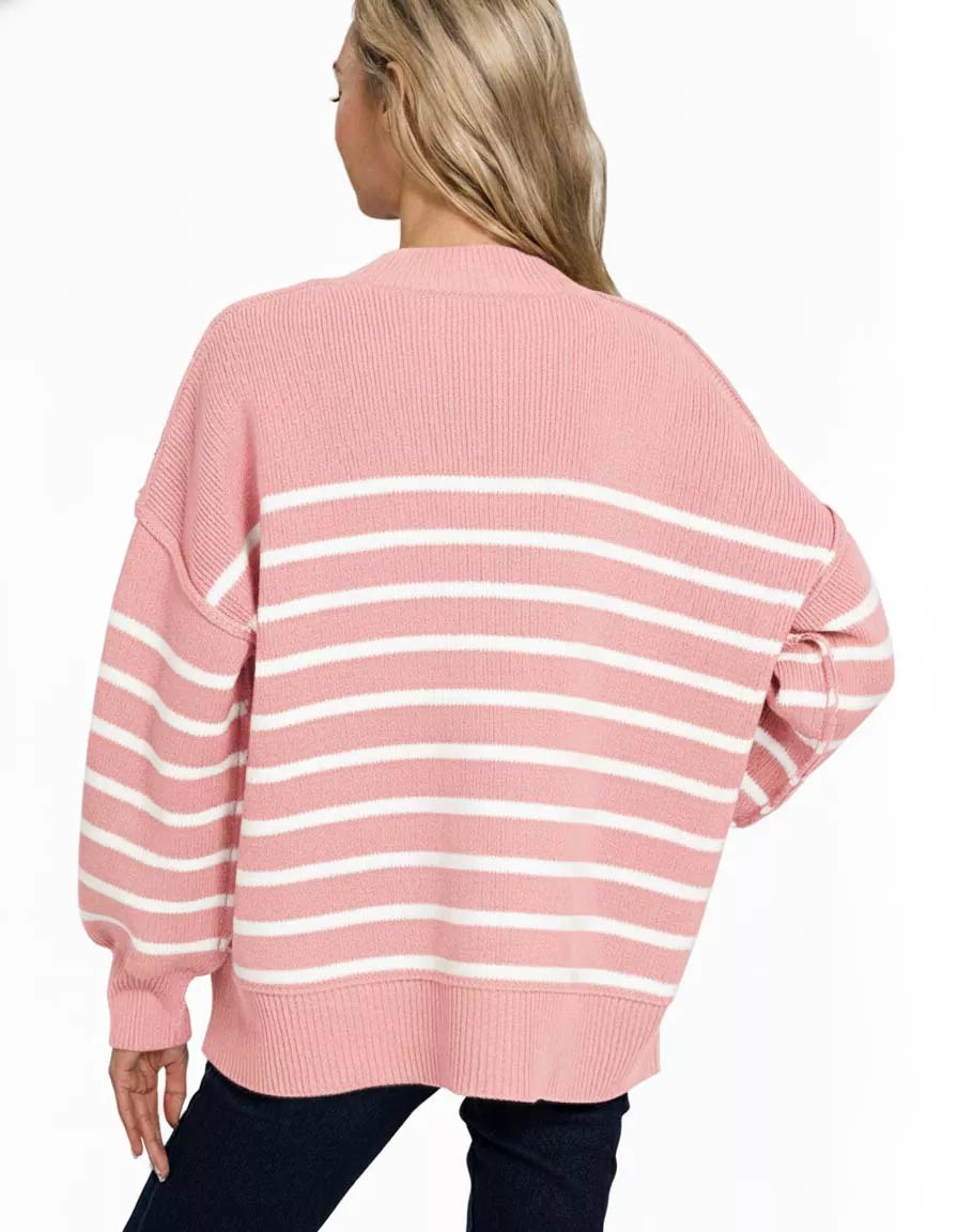 Zenana Exposed Seam Striped Sweater – Cozy Oversized Casual Style