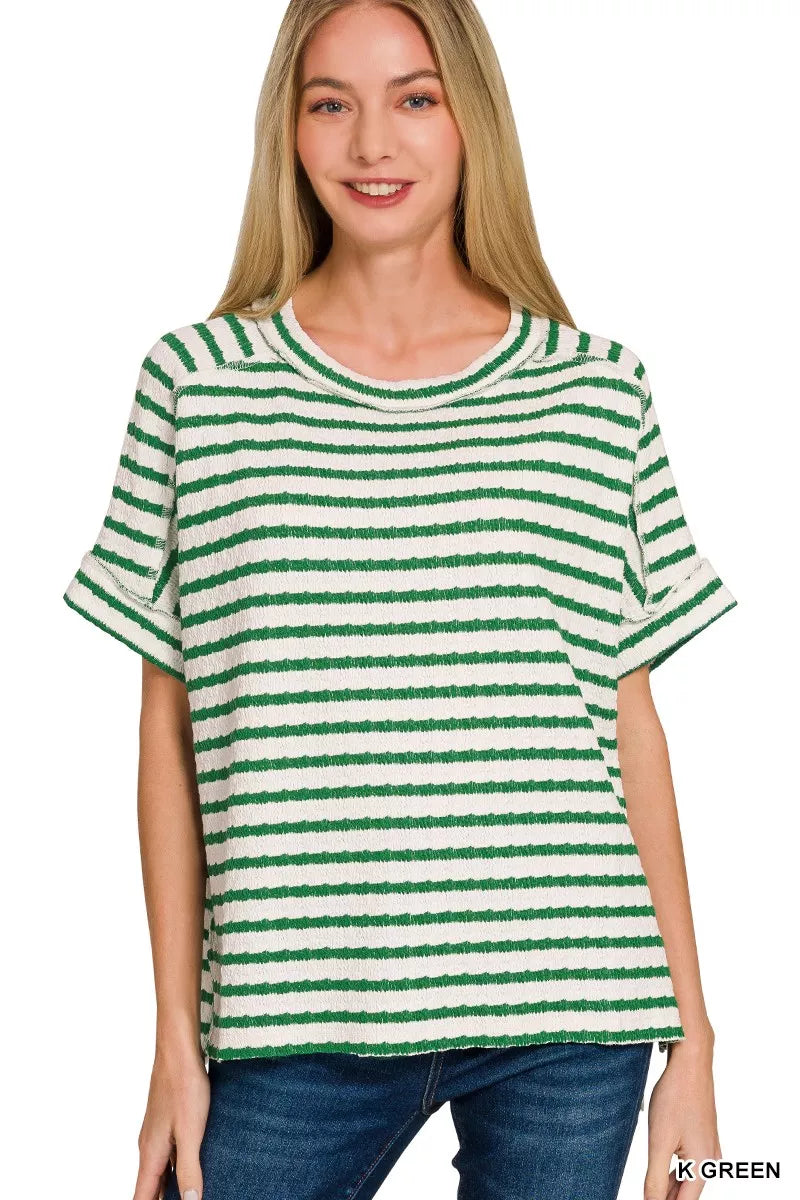 Plus size striped textured tee, round neck, short sleeves, green and white