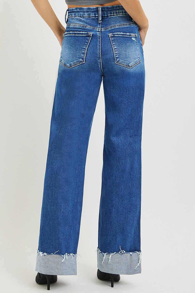 High-rise wide-leg jeans, medium blue wash, back pockets and cuffed frayed hem