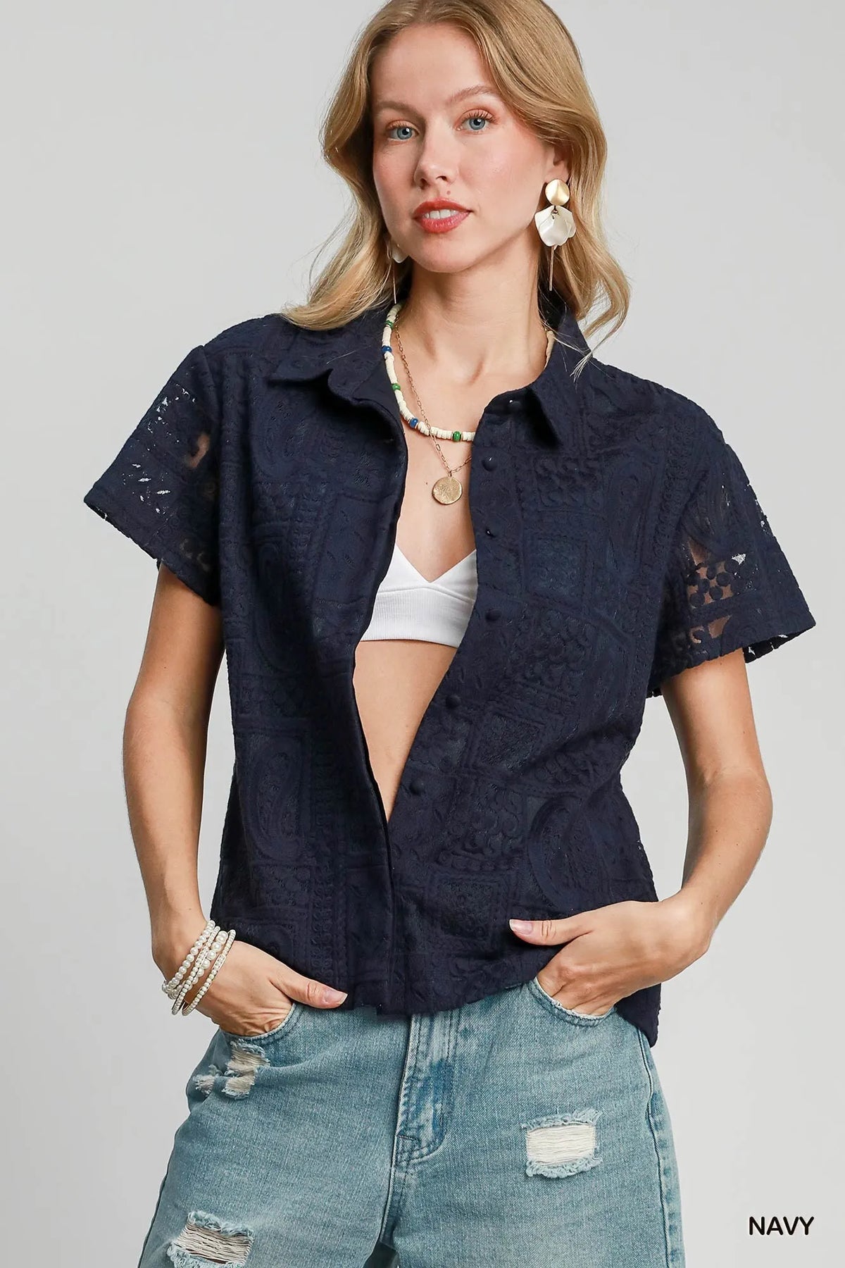 Patch Lace Short Sleeve Button Down Shirt – Chic & Feminine Top