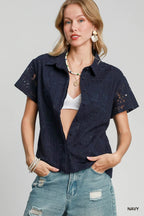 Patch Lace Short Sleeve Button Down Shirt – Chic & Feminine Top