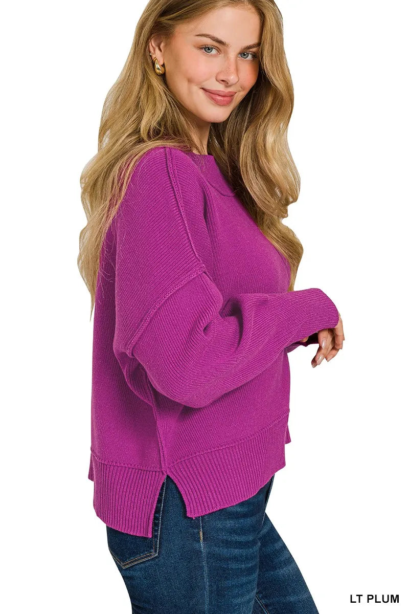 Purple Ribbed Cropped Pullover Sweater – Oversized Fit, Soft Knit