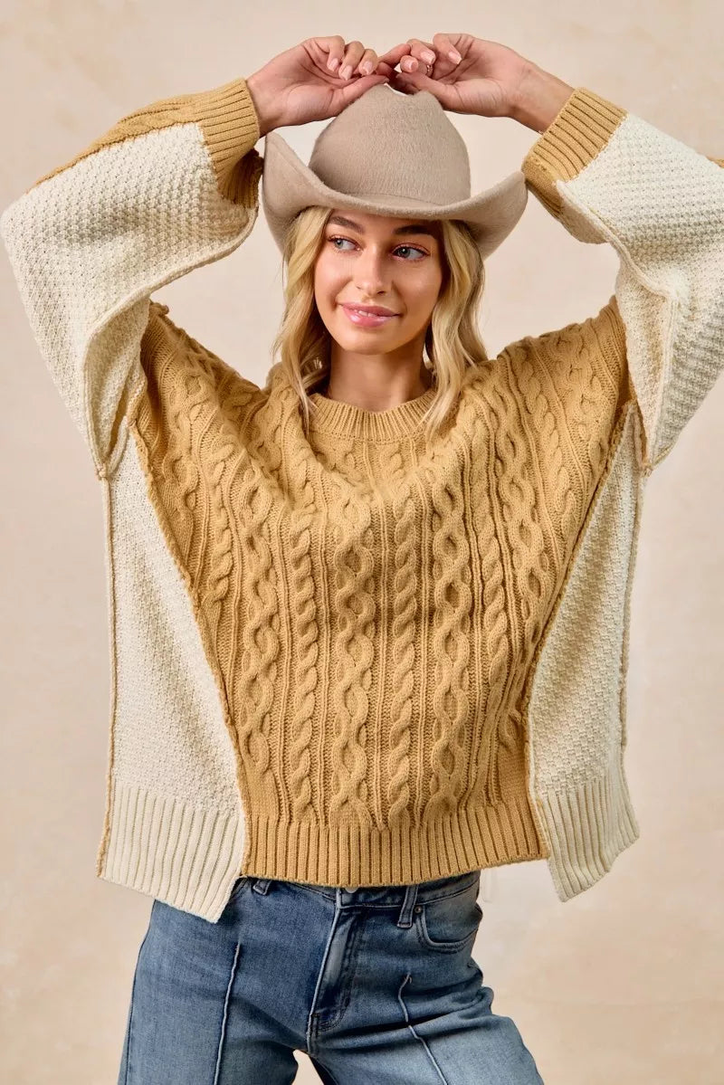 BiBi Cable Knit Hacci Combo Sweater – Stylish Texture with Uneven Hem