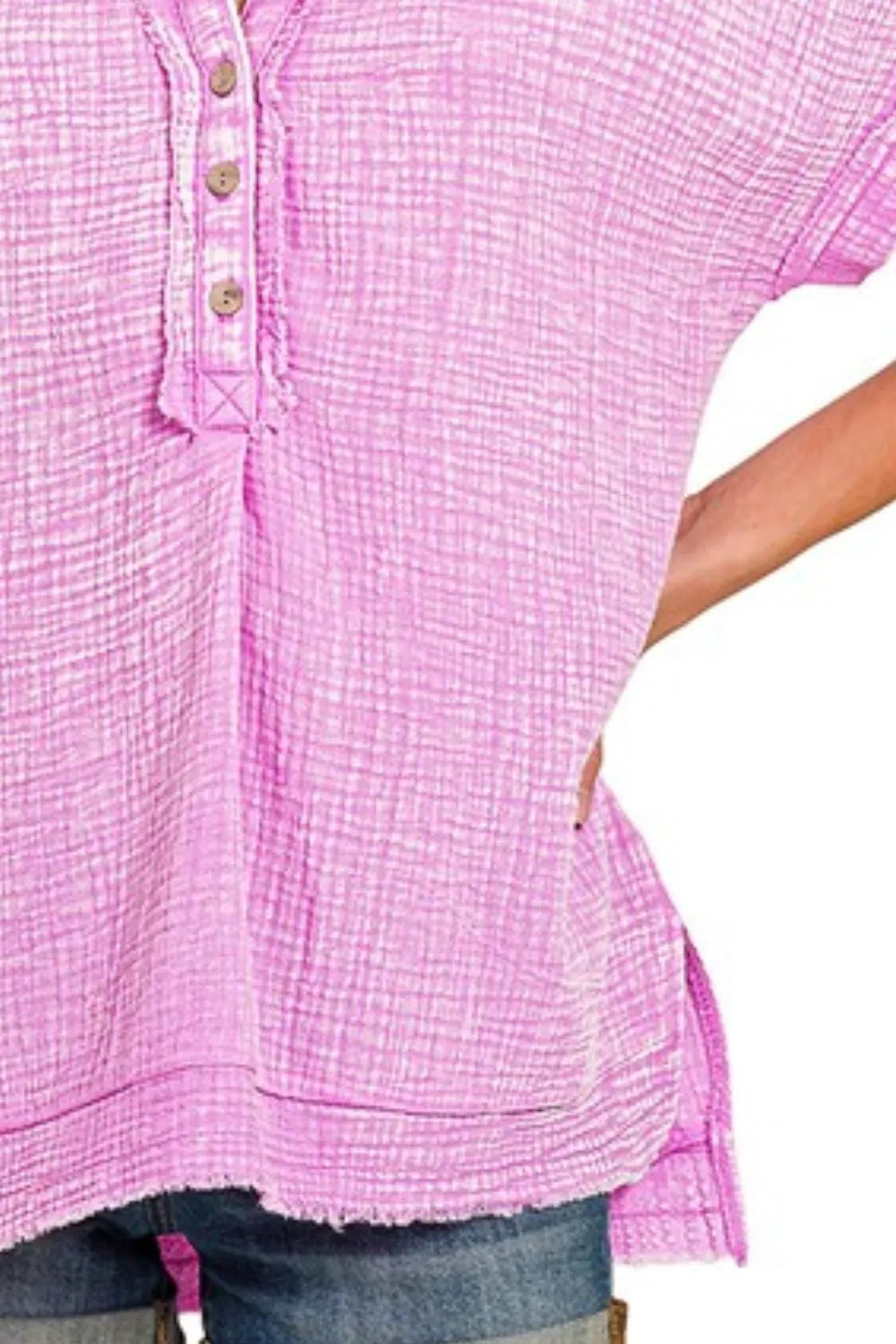 Pink Cotton Gauze Blouse – V-Neck, Dolman Sleeves & High-Low Hem