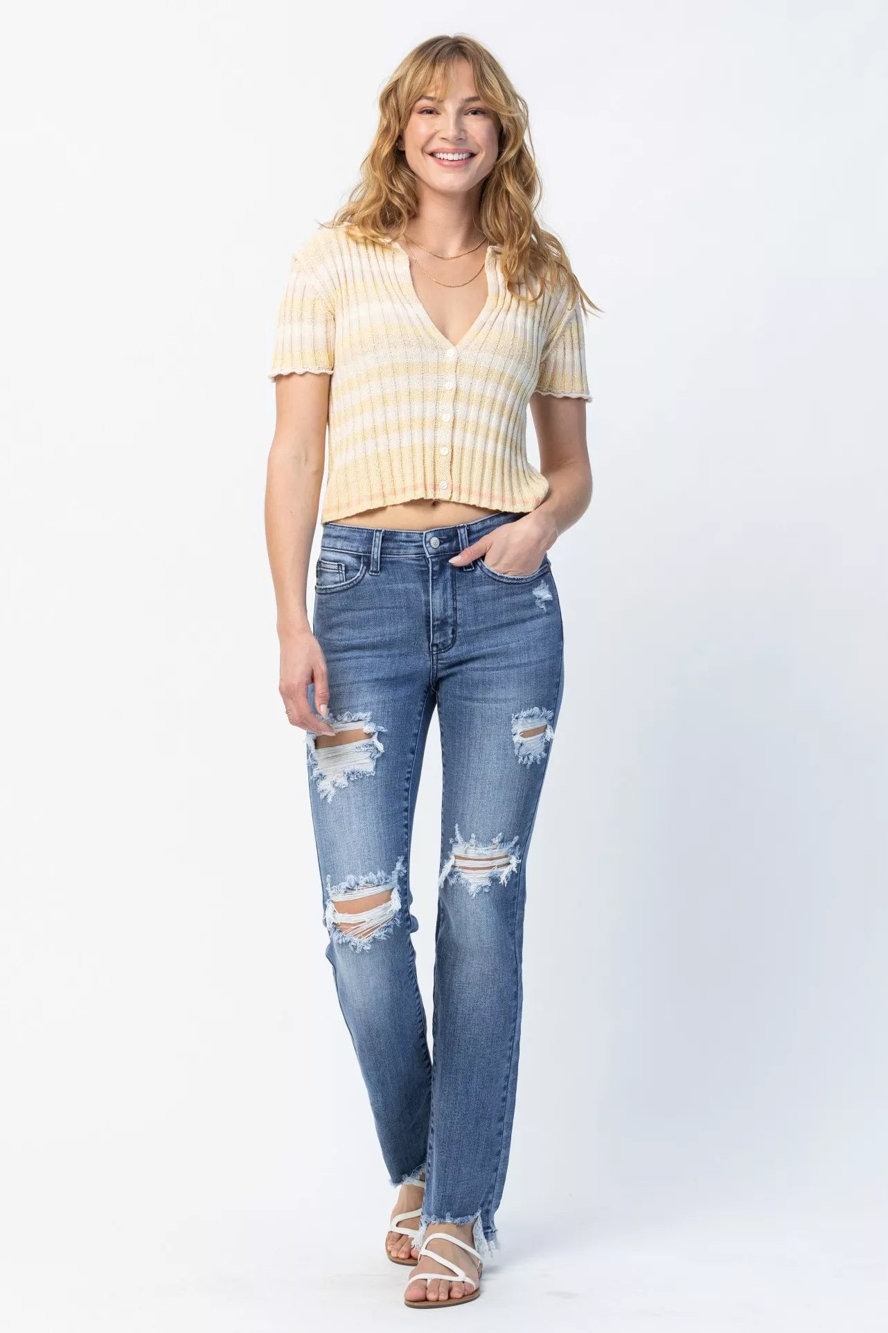 Judy Blue Mid Rise Destroy Straight Jeans – Trendy Distressed Style