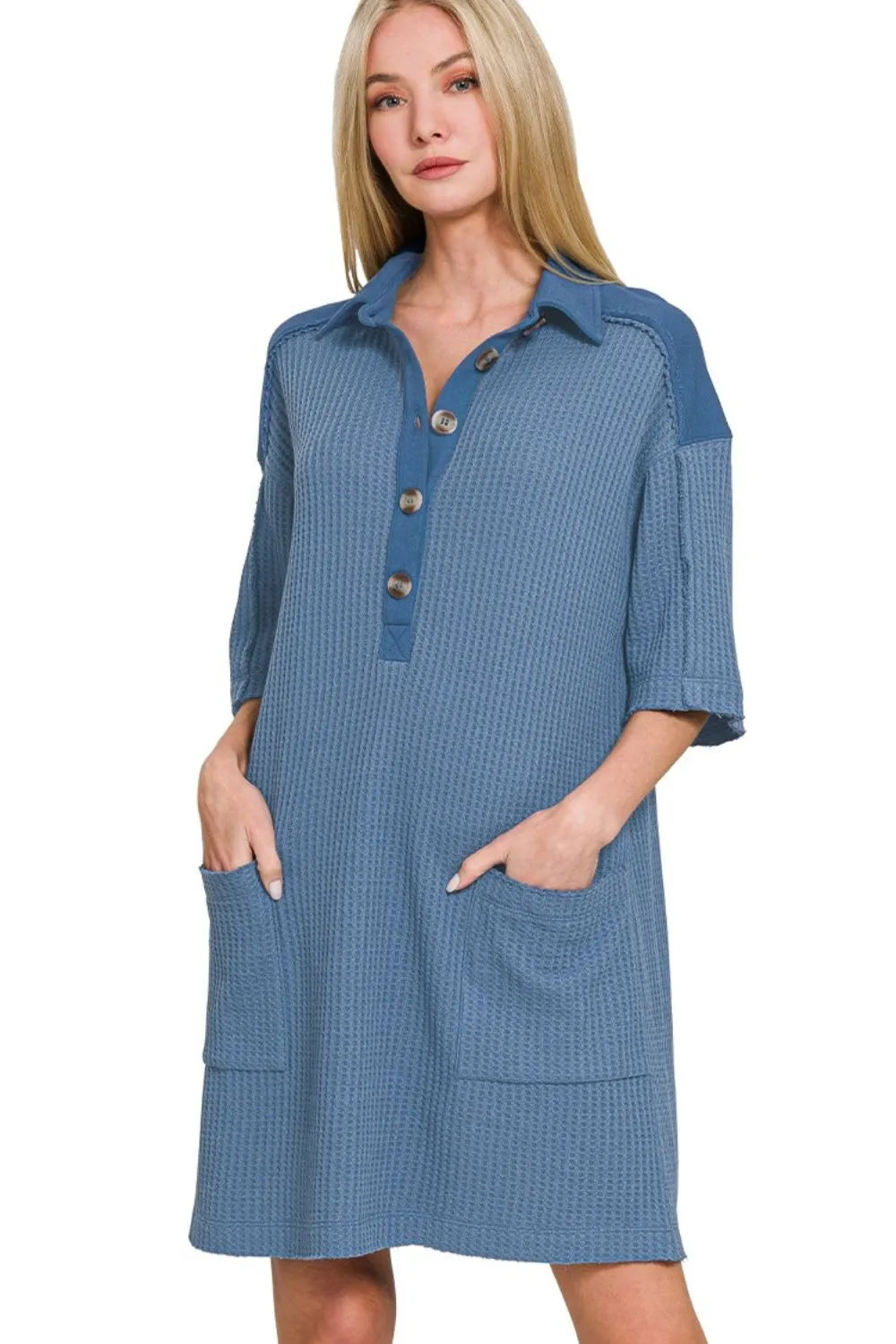 Waffle Knit Half-Button Dress – Cozy, Textured & with Pocket Detail