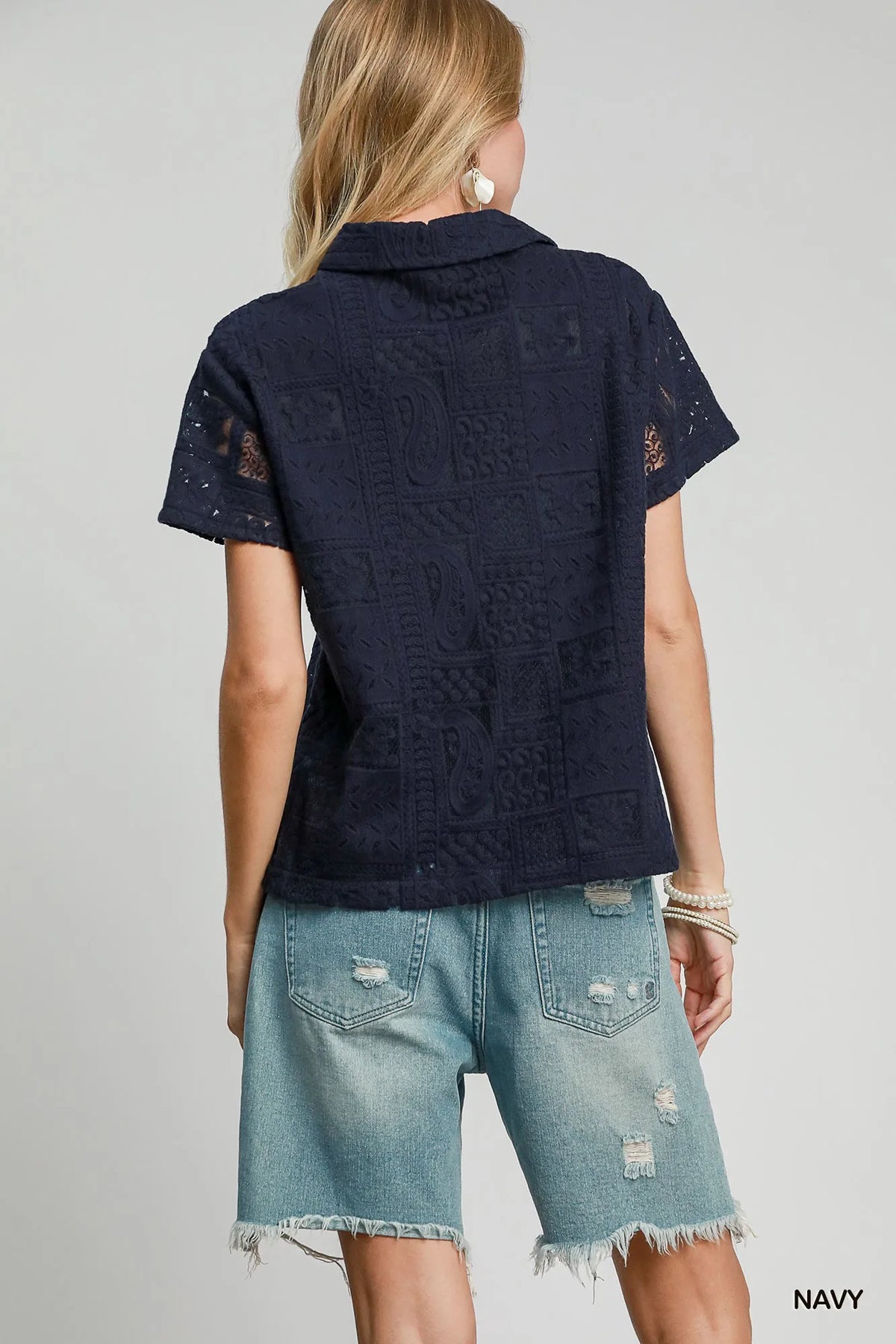 Patch Lace Short Sleeve Button Down Shirt – Chic & Feminine Top