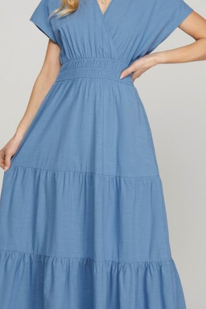 She + Sky Surplice Short Sleeve Tiered Maxi Dress With Pockets