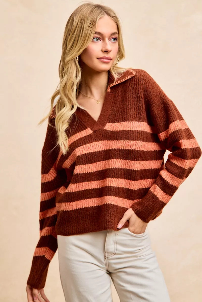 BiBi Striped Sweater Top – Trendy Collared Knit with Stitched Details