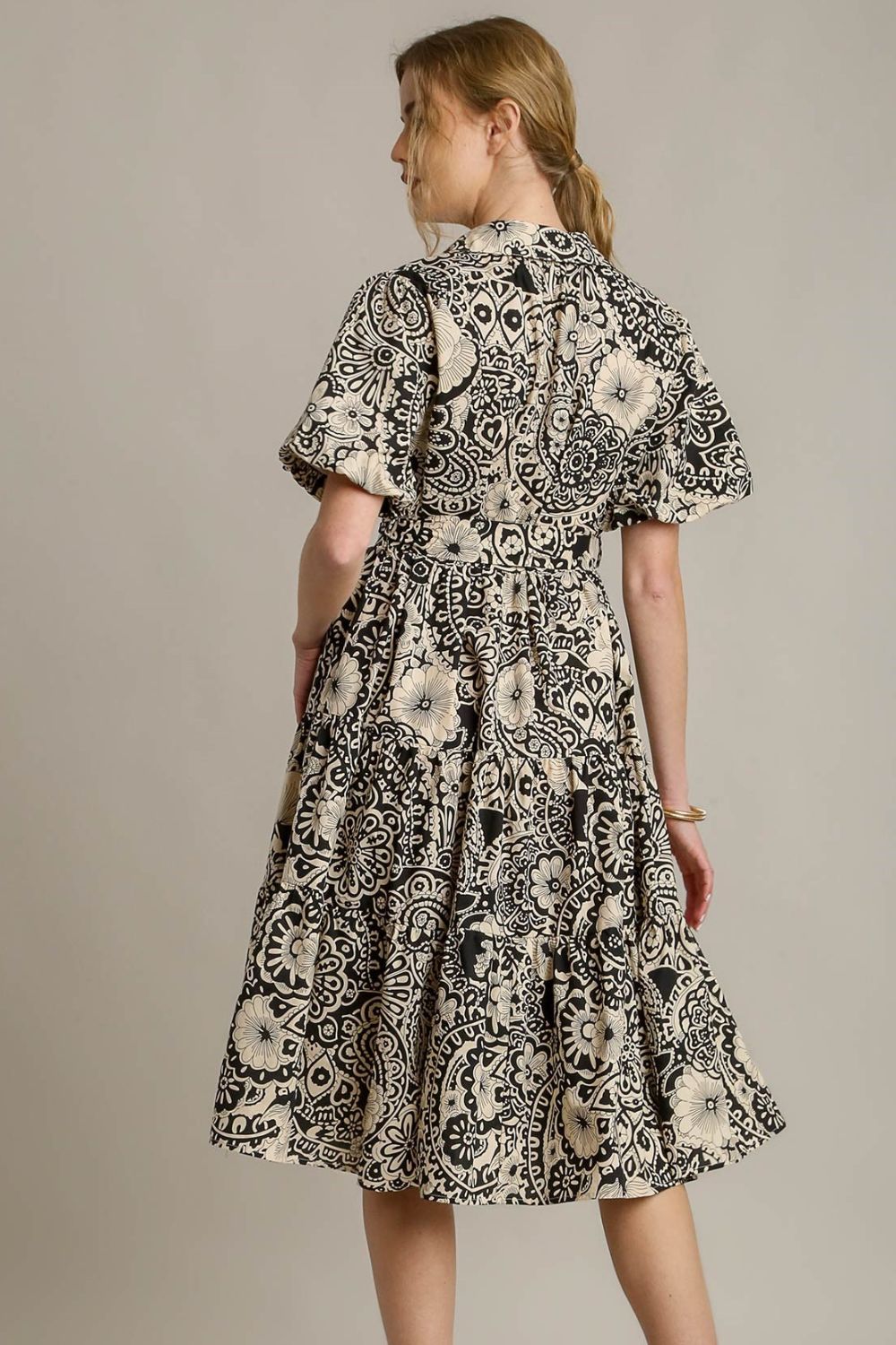 Umgee Mixed Print A-Line Tiered Midi Dress
