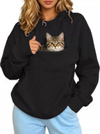 Black cat pouch drawstring hoodie with front cat graphic in kangaroo pocket