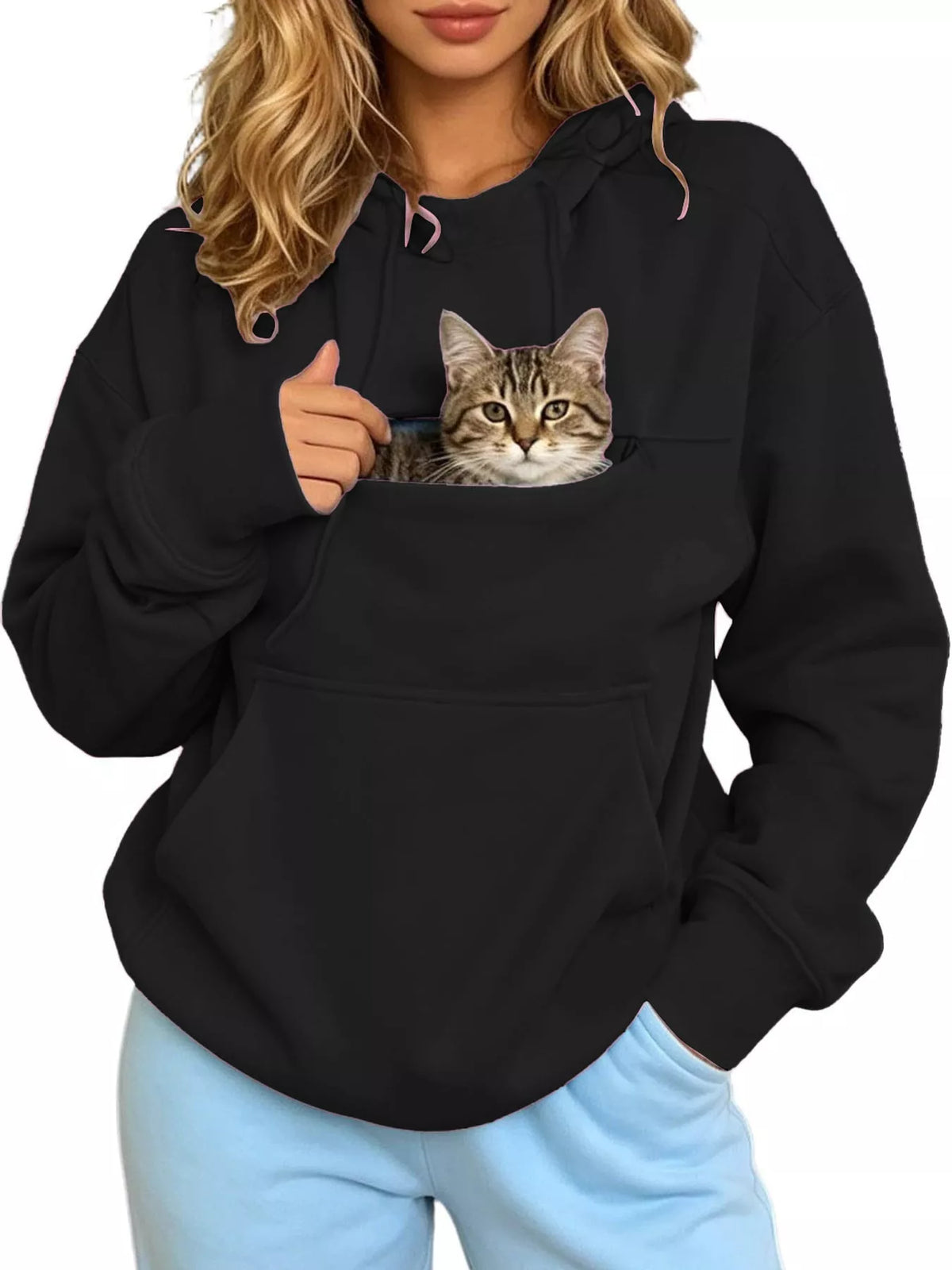 Black cat pouch drawstring hoodie with front cat graphic in kangaroo pocket