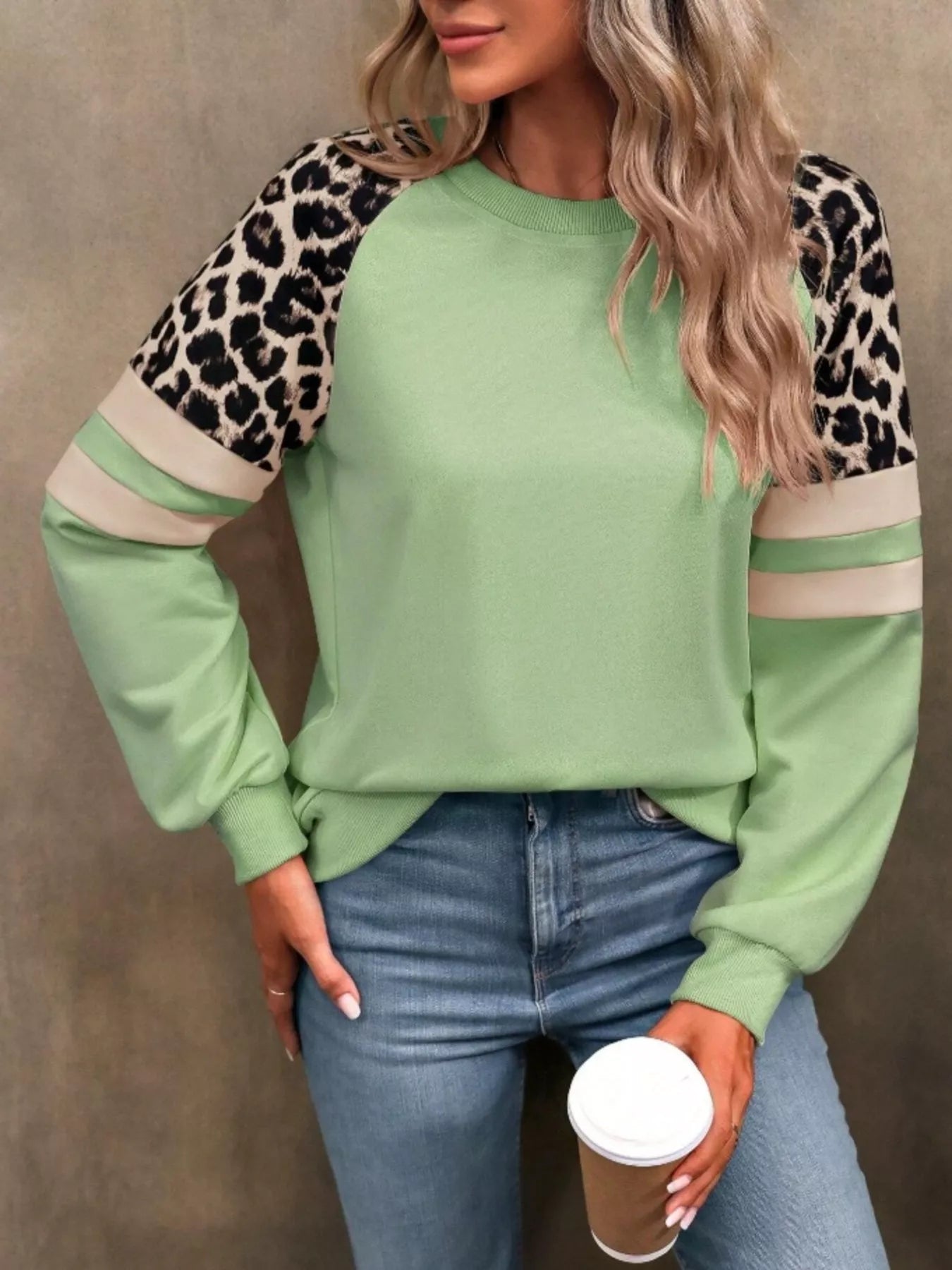 Leopard Round Neck Raglan Sleeve Sweatshirt – Trendy Casual Style
