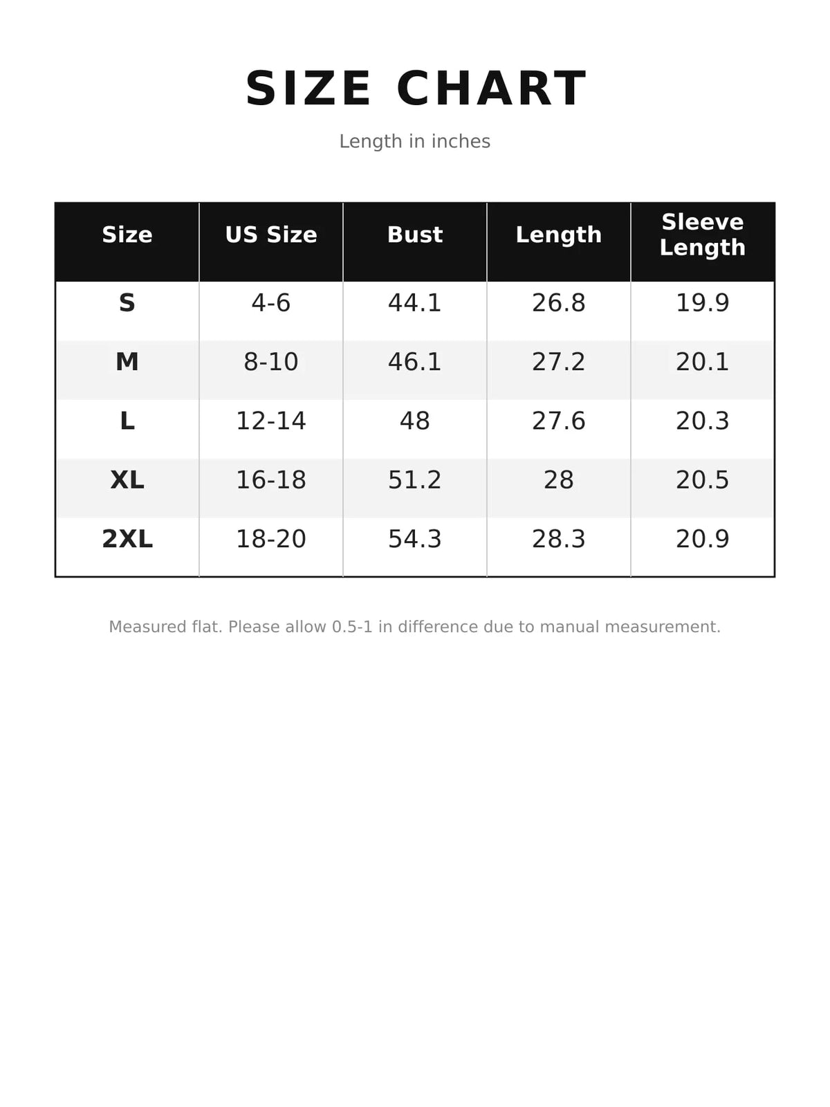 Size chart for zip-neck sweatshirt: bust, length, sleeve length in inches