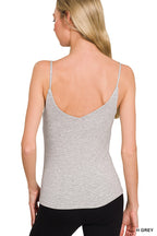Back view of heather gray double-layer V-neck cami with thin spaghetti straps