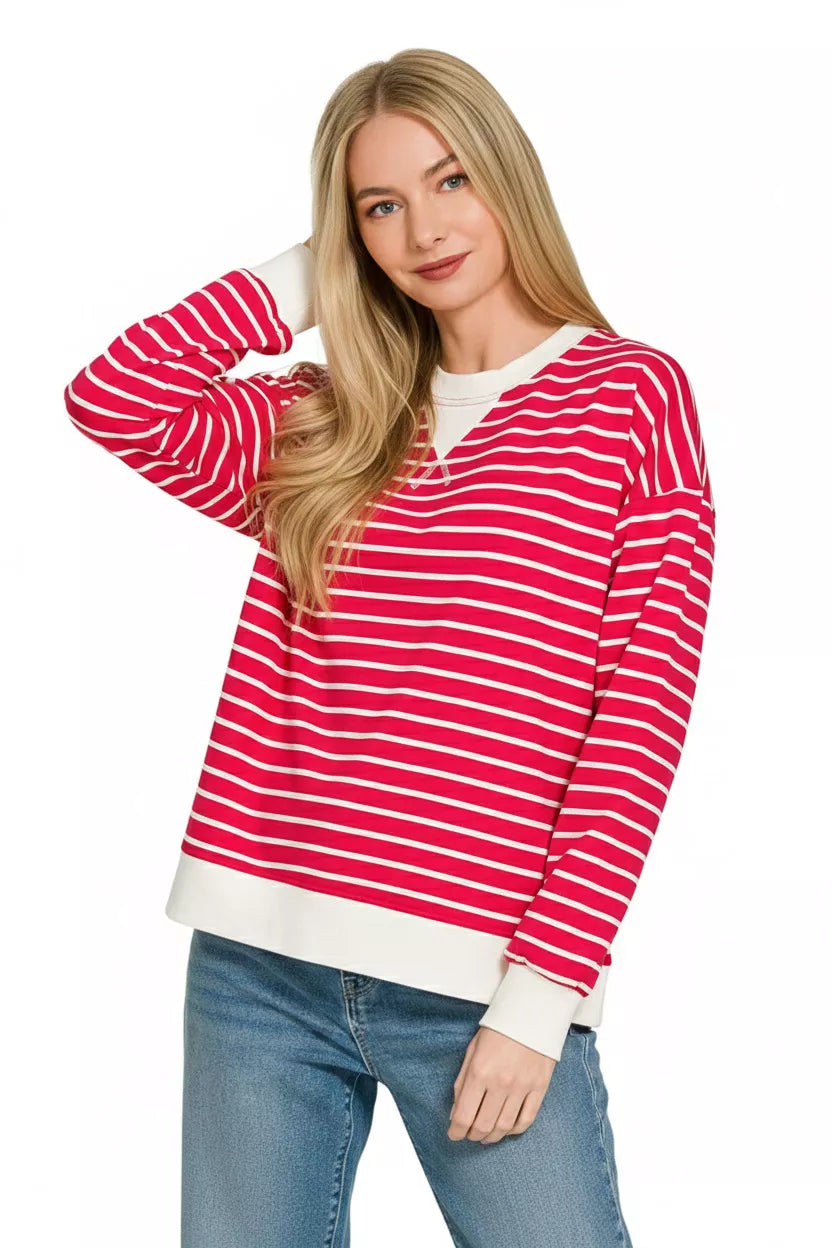 Ruby striped pullover sweatshirt with round neck, contrast white cuffs and hem, side view