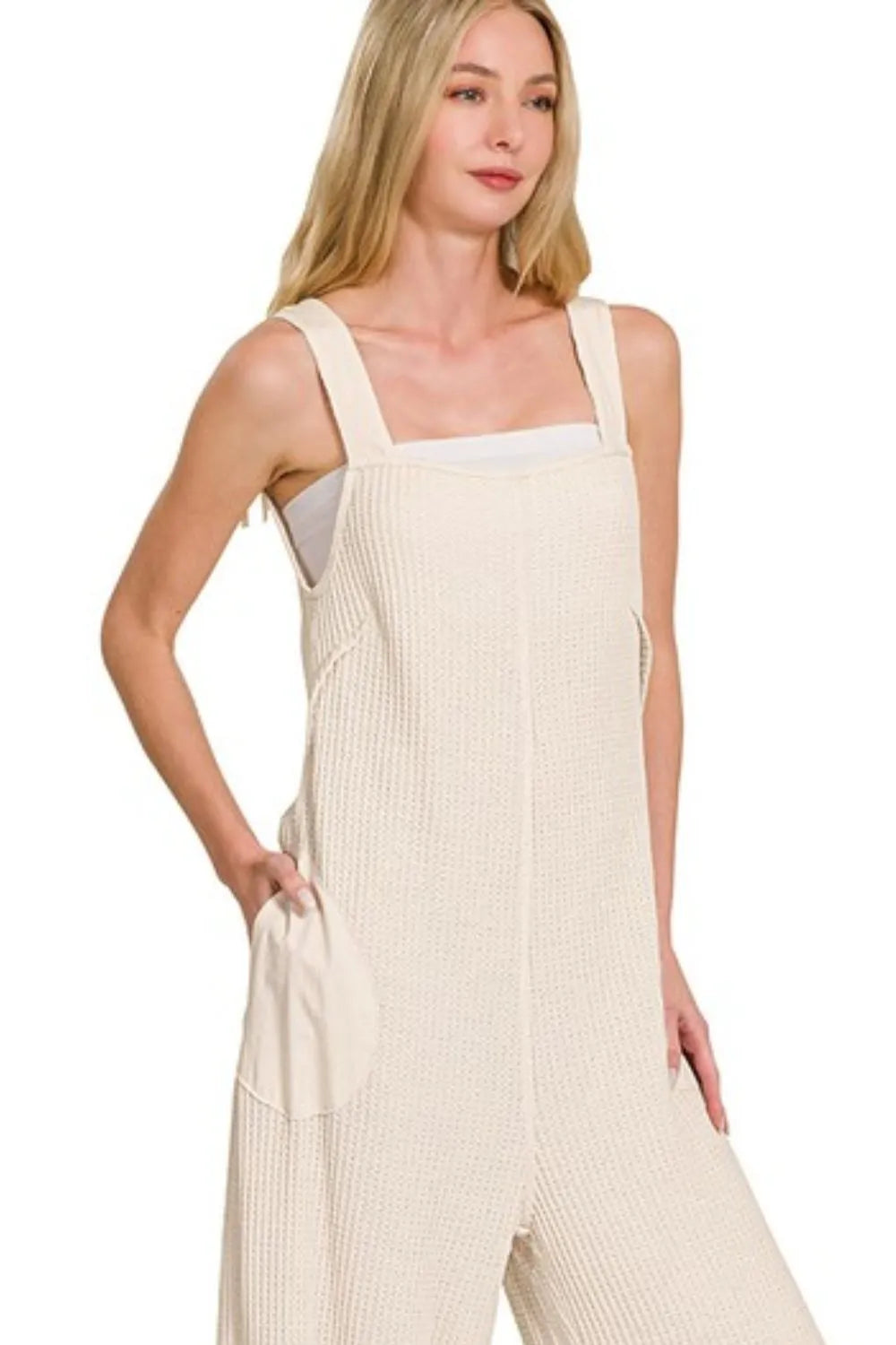 Knit Waffle Wide Leg Overalls – Adjustable Straps & Cozy Texture