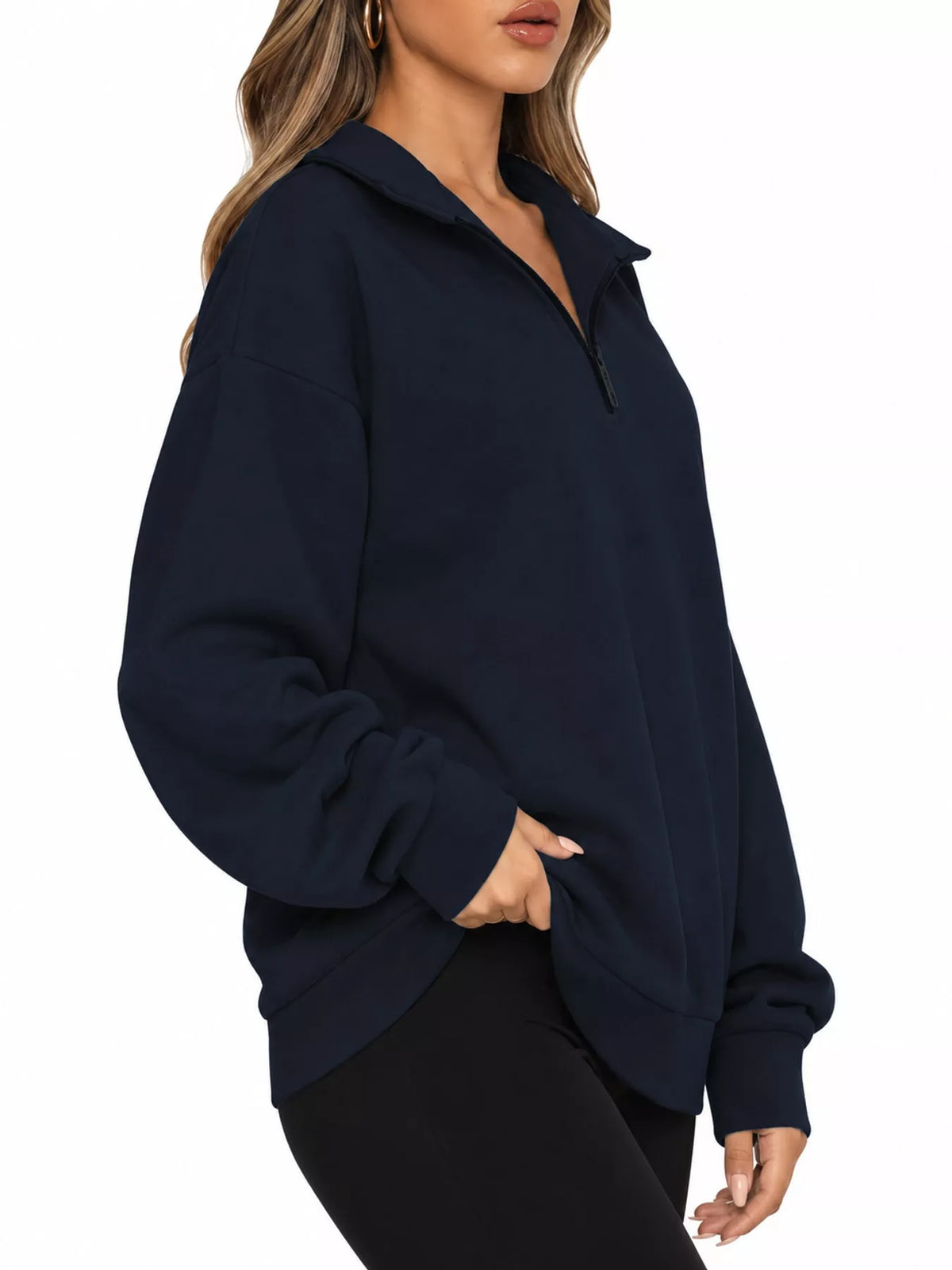 Navy oversized zip-neck sweatshirt with long sleeves and front quarter zip