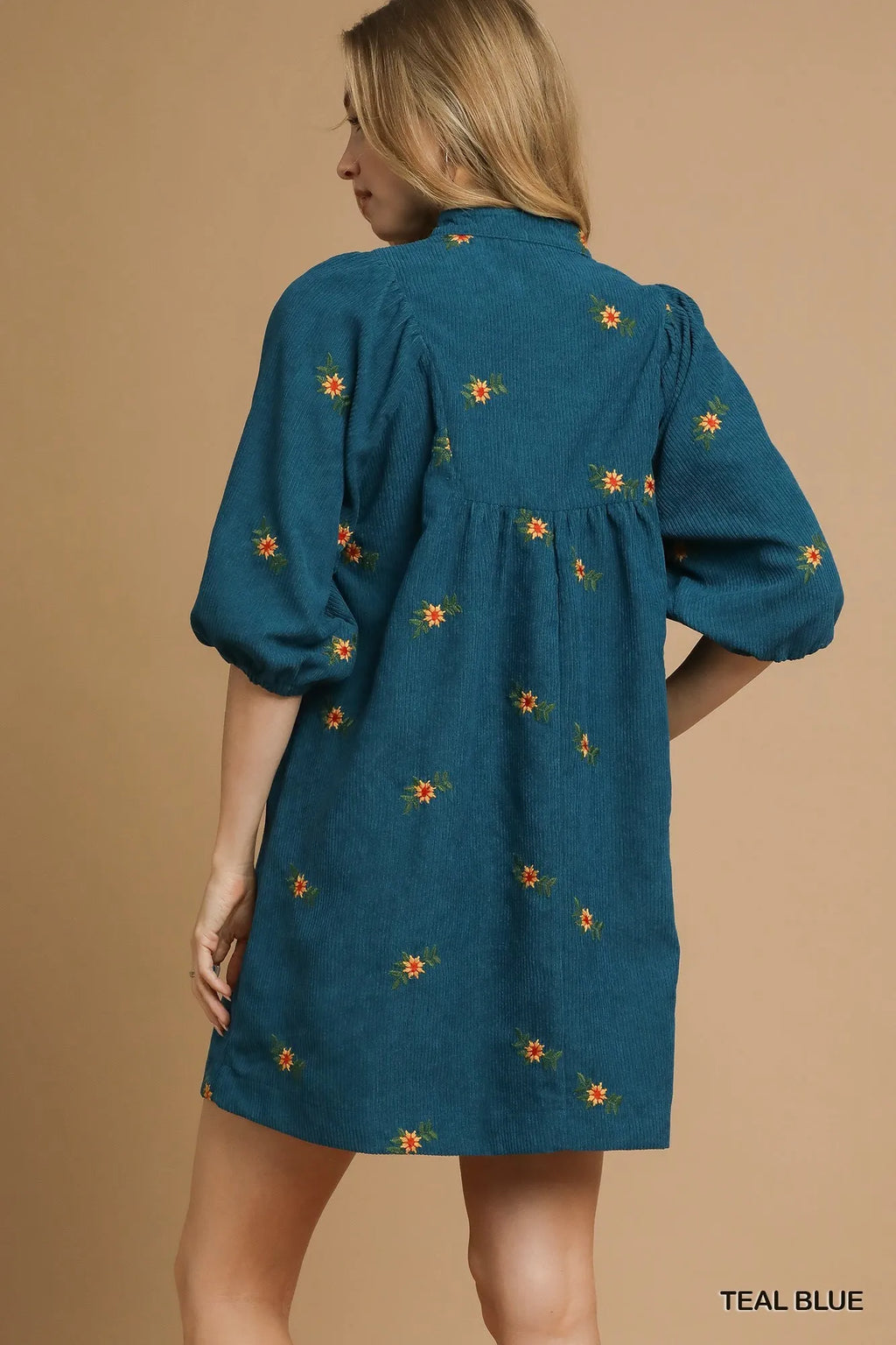 Teal Embroidered Peasant Dress – V-Neck Mini with Puff Sleeves