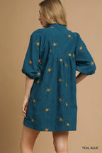 Teal Embroidered Peasant Dress – V-Neck Mini with Puff Sleeves