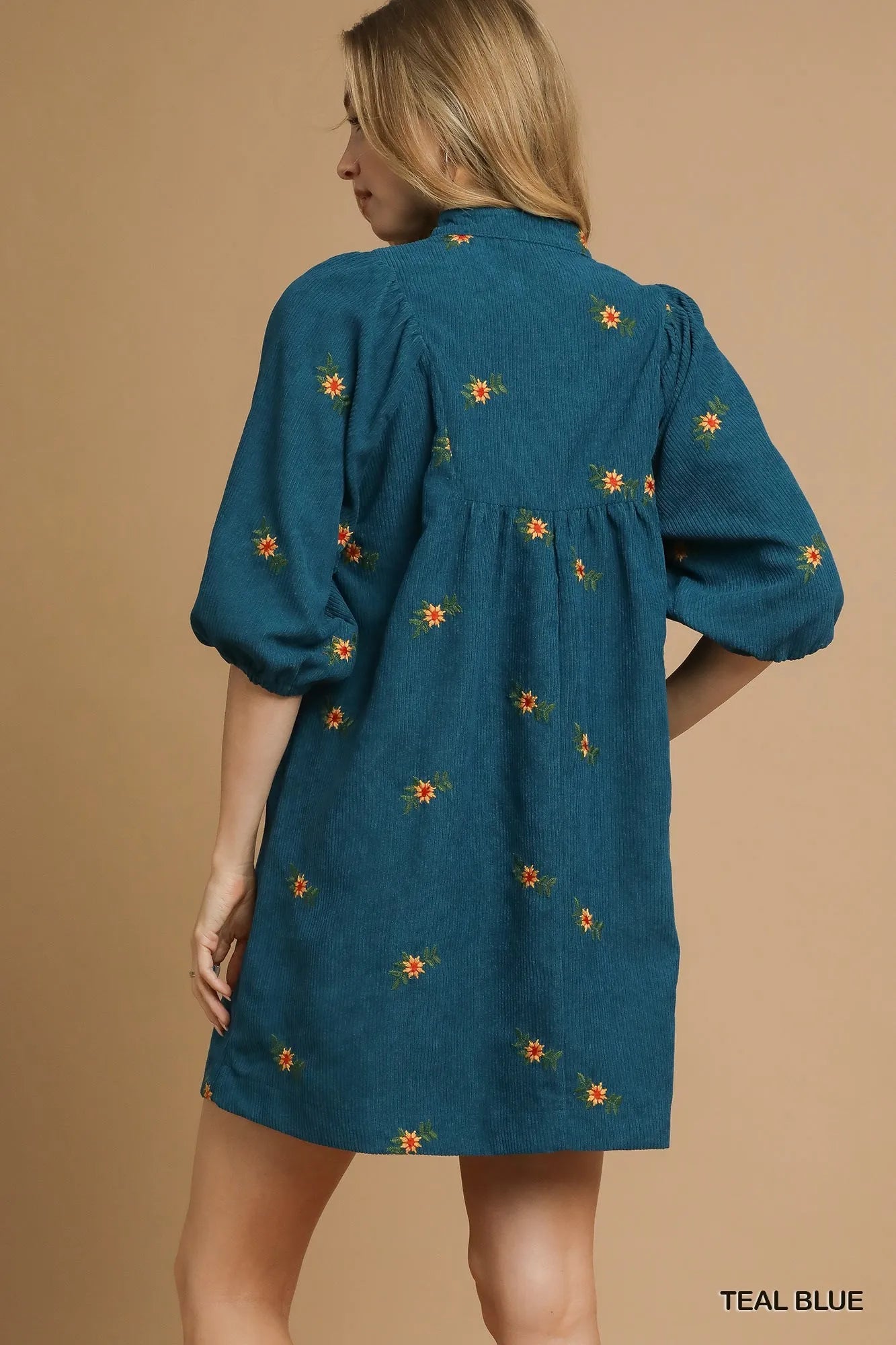 Teal Embroidered Peasant Dress – V-Neck Mini with Puff Sleeves