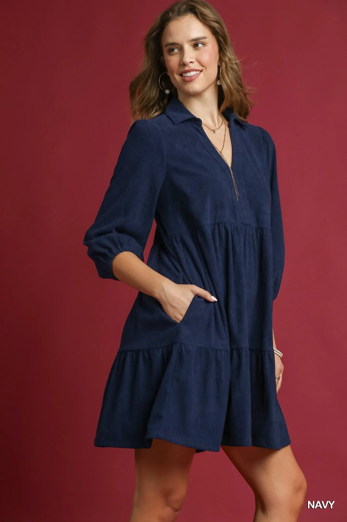 Tiered Corduroy Mini Dress – Balloon Sleeve Vintage-Inspired Style