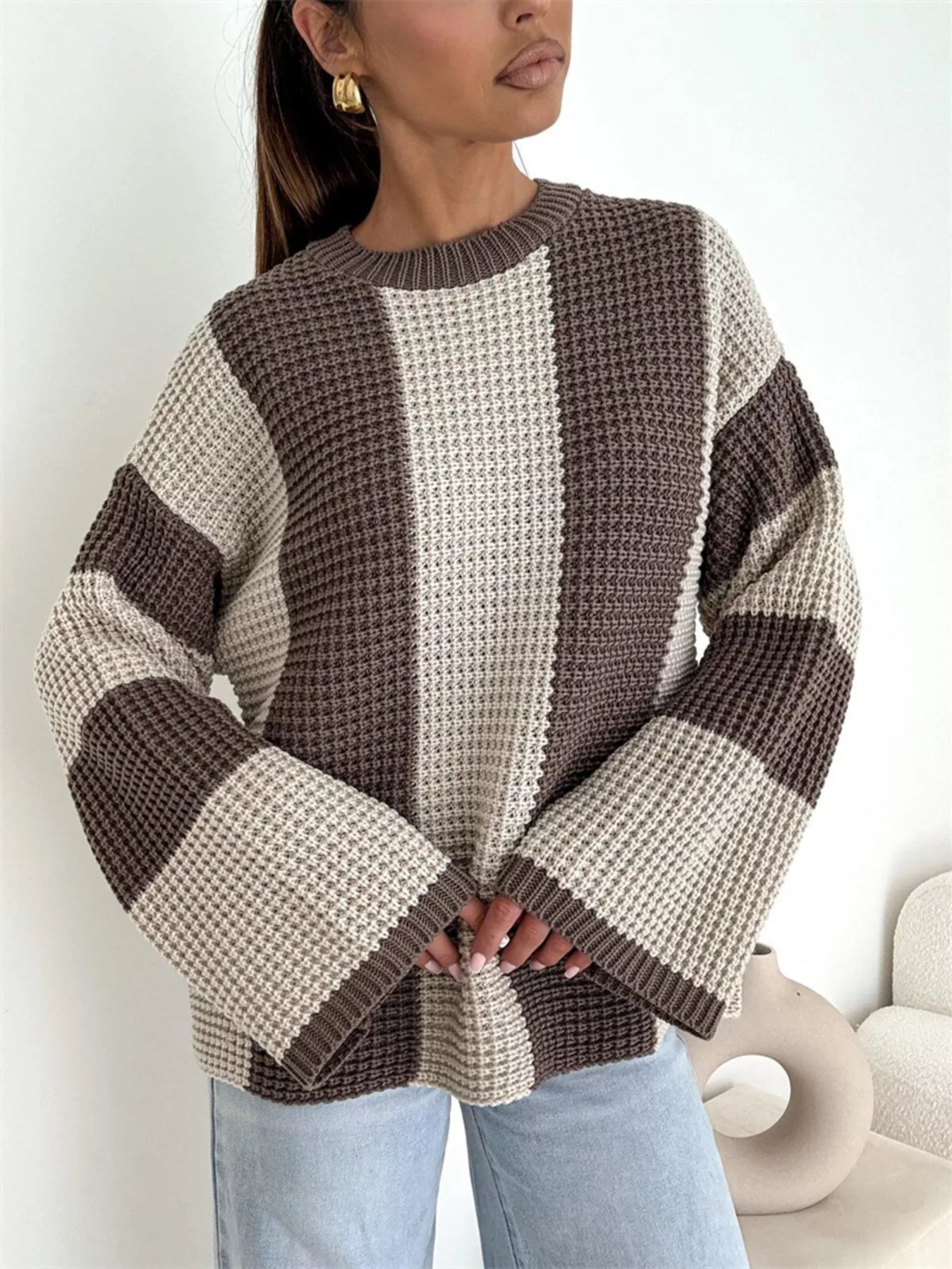Color Block Long Sleeve Sweater – Trendy Casual Knitwear
