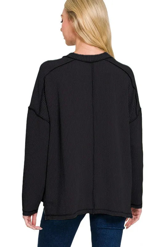 Exposed-Seam Corded Rib Long Sleeve Top – Textured, Trendy & Versatile
