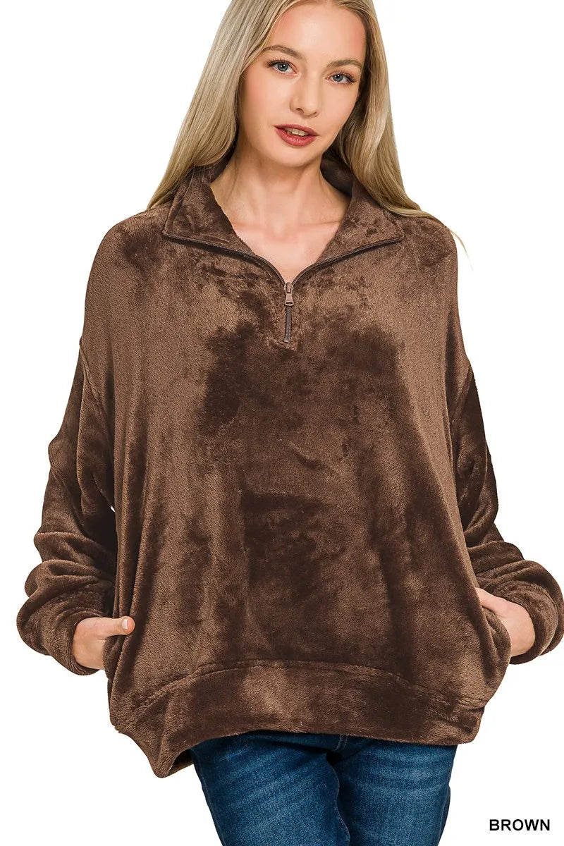 Zenana Faux Fur Half Zip Pullover – Cozy Pocketed Fleece Winter Essential
