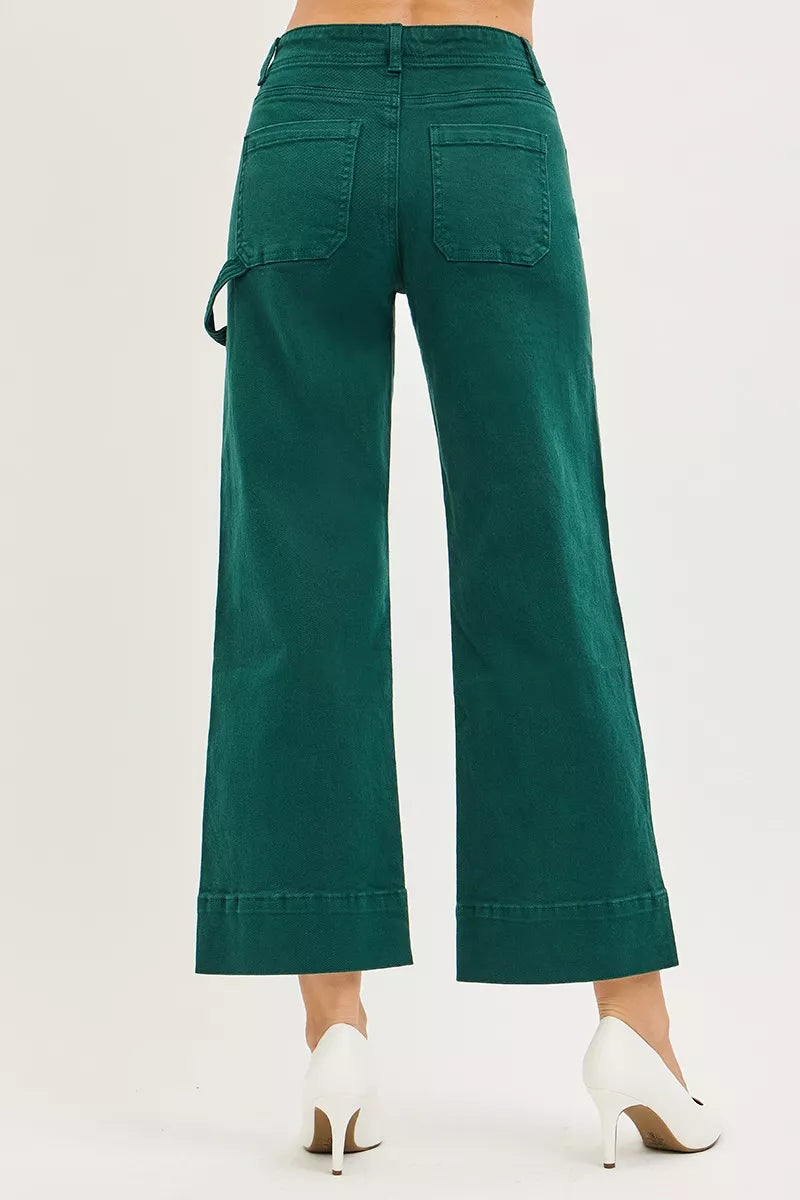 Hunter green high-rise wide-leg crop jeans for women, back patch pockets, cuffed hem