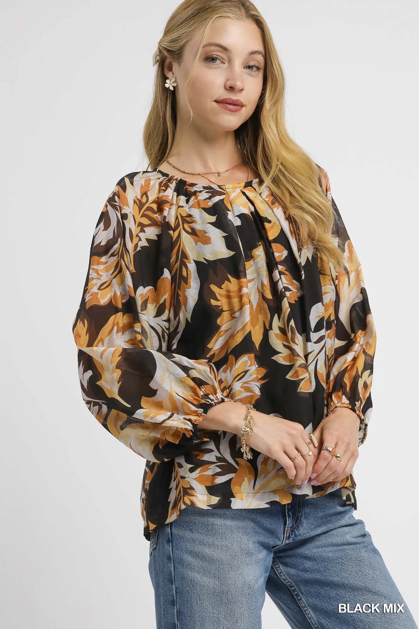 Autumn Leaf Print Chiffon Blouse – Long Balloon Sleeve Casual Top