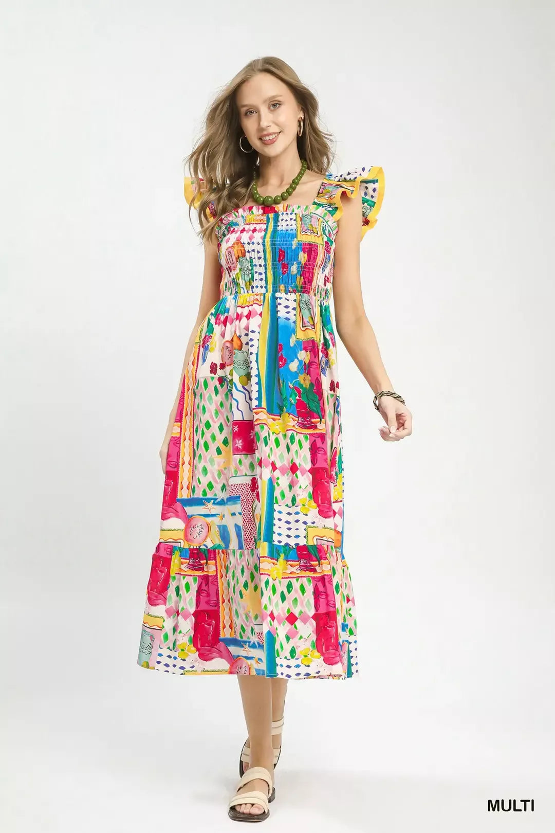 Multi-color abstract print tiered midi dress, smocked bodice, short ruffle sleeves