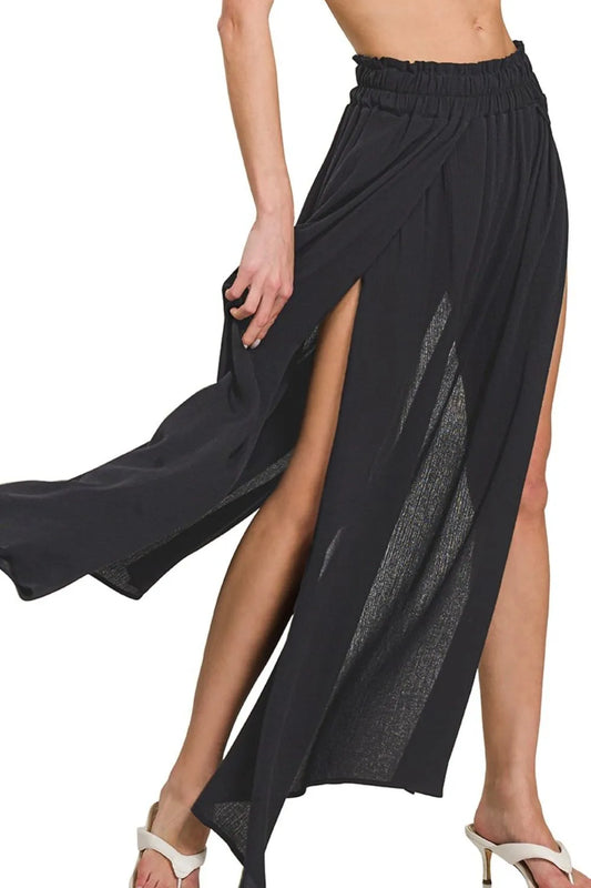 Black Maxi Skirt with Ruched Waist & Double Side Slits – Elegant & Flowing