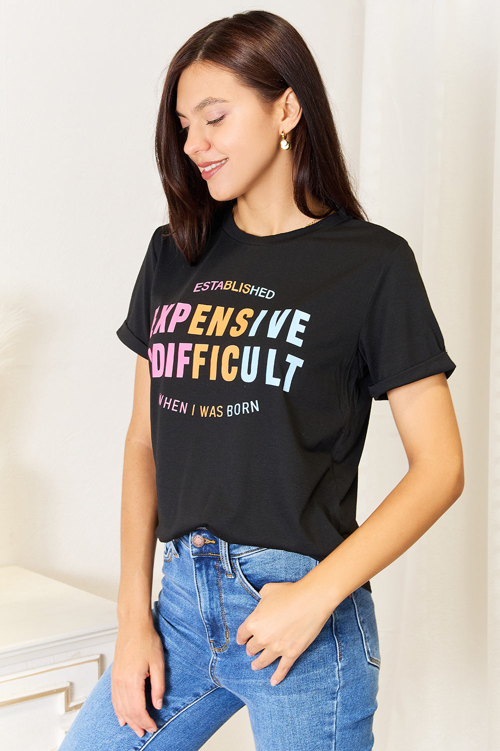 Slogan Graphic Cuffed Sleeve T-Shirt Trendy & Expressive Style