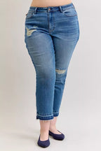 Judy Blue Mid Rise Boyfriend Patch & Repair Jeans – Edgy Denim Style