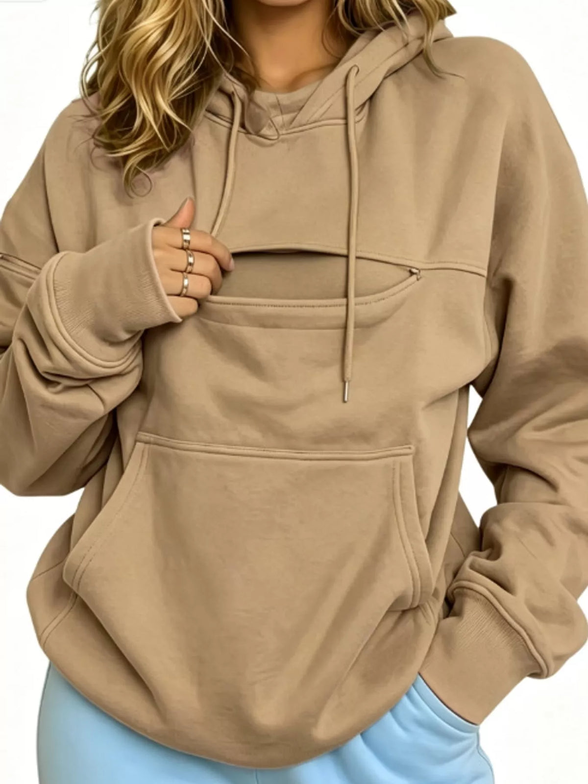 Tan cat pouch drawstring hoodie with adjustable hood and front kangaroo pocket