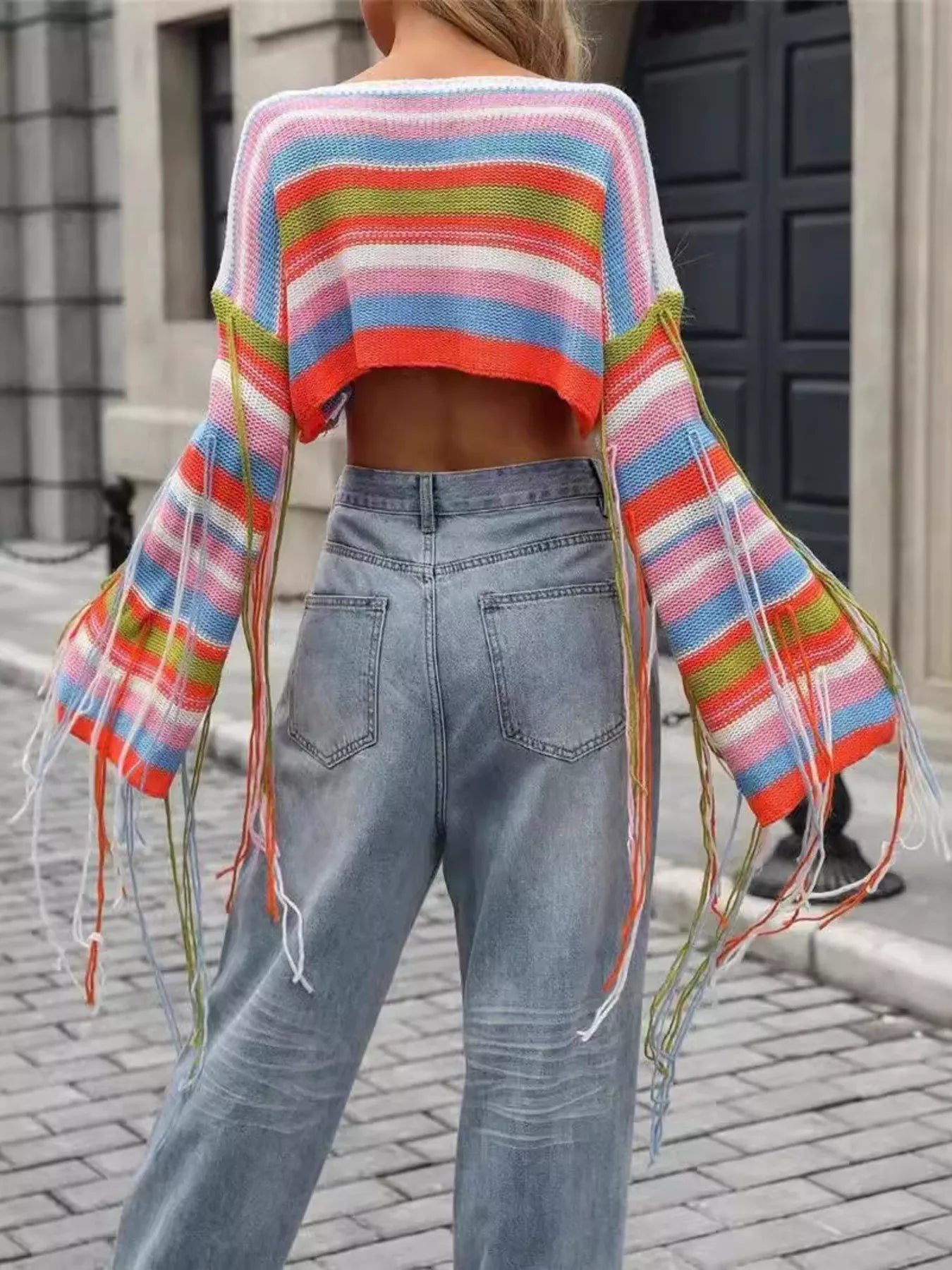 Fringe Striped Long Sleeve Crop Sweater – Trendy Casual Knit